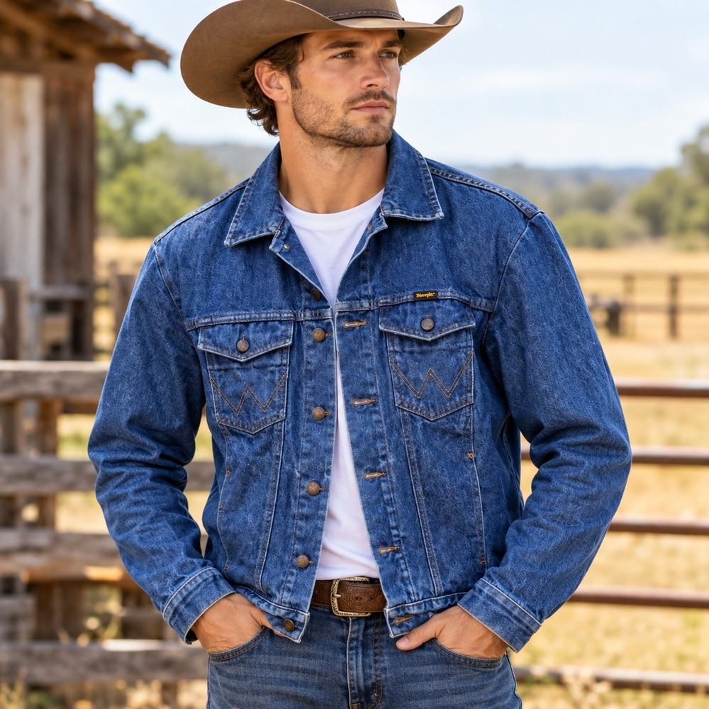 Wrangler Denim Jacket Mens Large Blue 74145PW Authentic Western Trucker Workwear